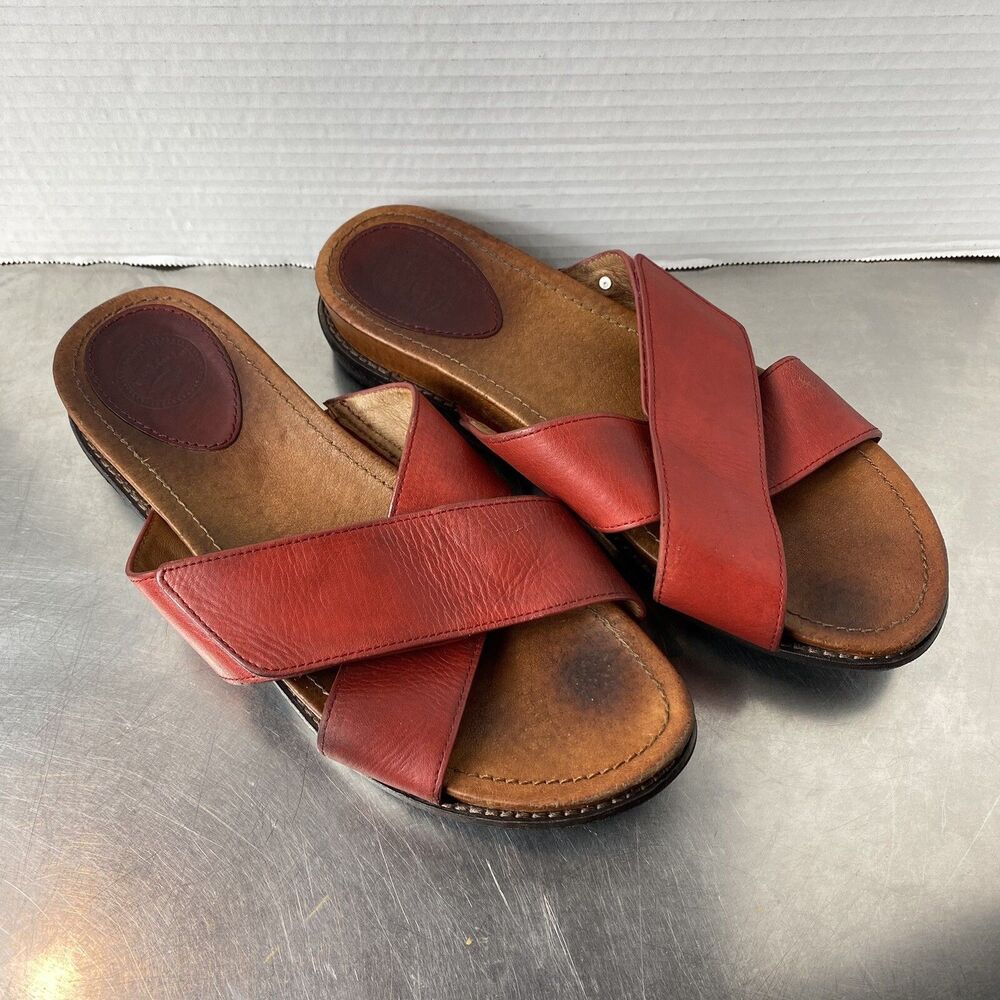 Nurture Drewe Red Leather Sandals Women 7.5 Criss-Cross Strappy Comfort Slides